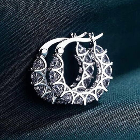 Sparkling 14K White Gold Plated Circle Cubic Zirconia Men Women Hoop Earrings